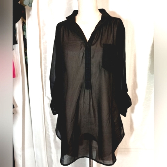 nazz corture Tops - Nazz Couture Blouse, Women, Roll Tab Sleeve, 1/2 BttnUp, Black,Pckt, see thru, L